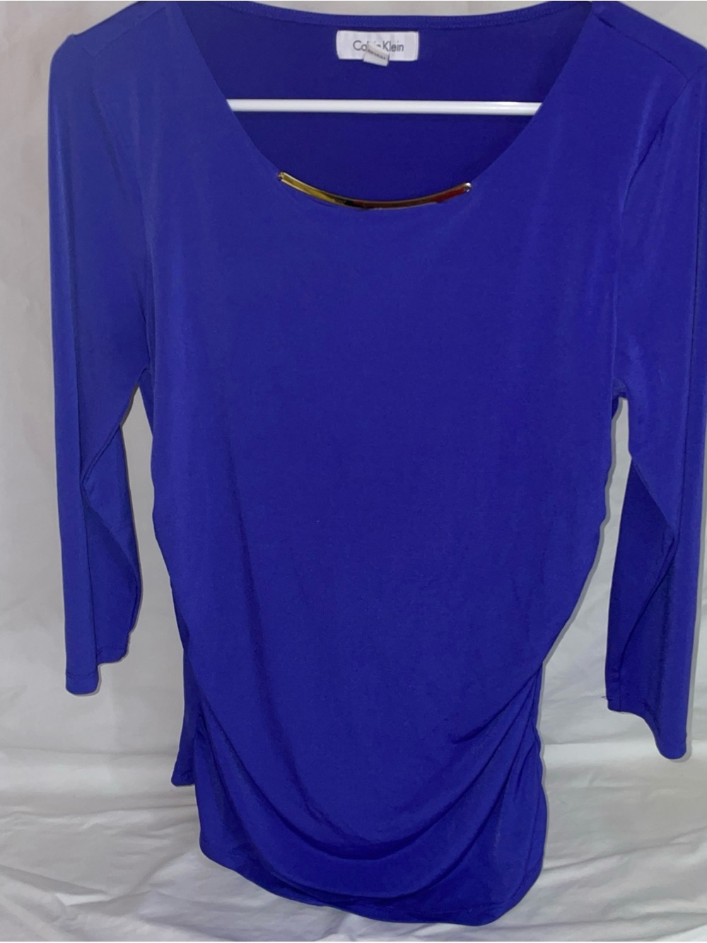 Calvin Klein Cobalt Blue Scoop Neck Long Sleeve Top with Gold Accent